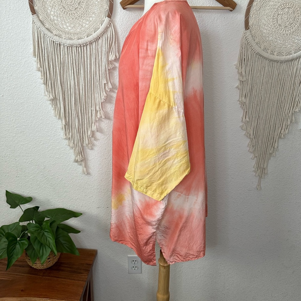 Lafayette 148 coral orange and yellow tie dye silk oversized tunic top M/L - Picture 4 of 7